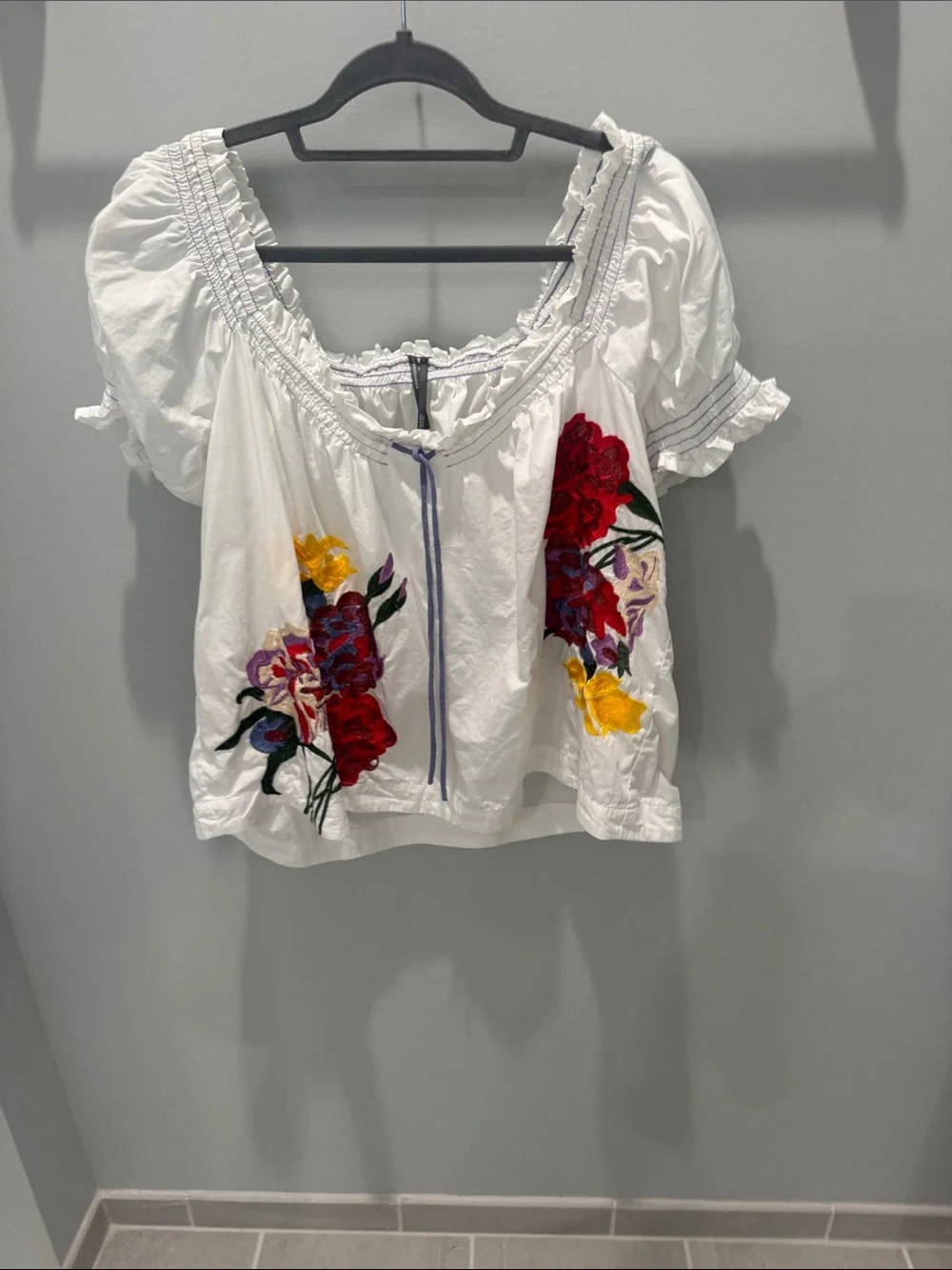 Anthropologie White Peasant Blouse with Red, Yellow, Purple & Green Embroidery